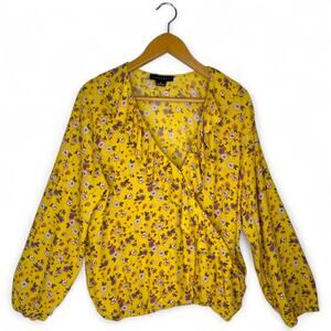 Sanctuary Women's Floral Ruffle Wrap Top Size XL Yellow Long Sleeve Cropped